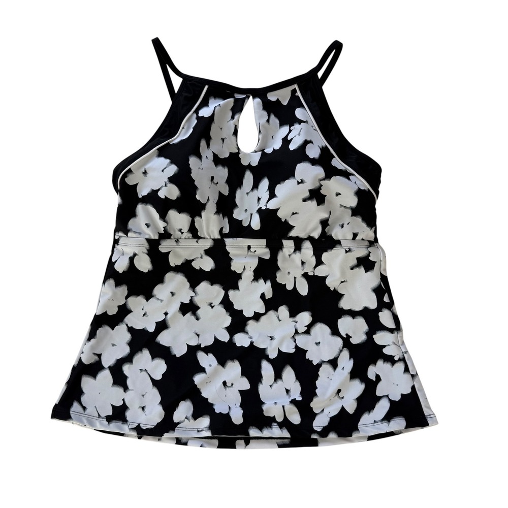 Ellen‎ Tracy Womens XL Black White Floral Tankini Swim Top Keyhole High Neck NEW